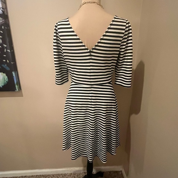 Pomelo Black & Off White Striped Dress, V Back, 3/4 sleeve, fit & flare, Med - Picture 3 of 8